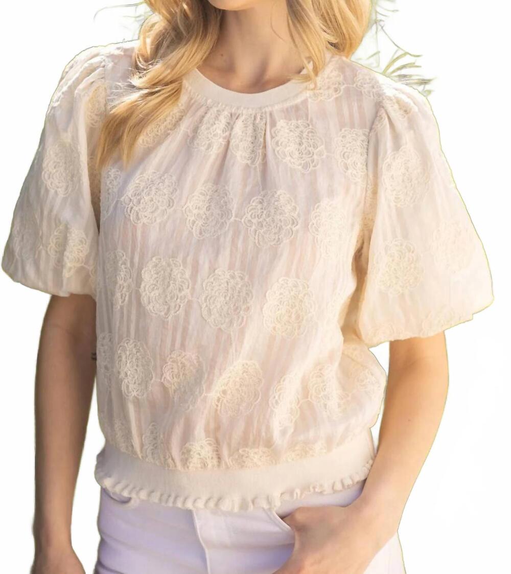 NEW VOY floral embroidered elastic knit top in cream